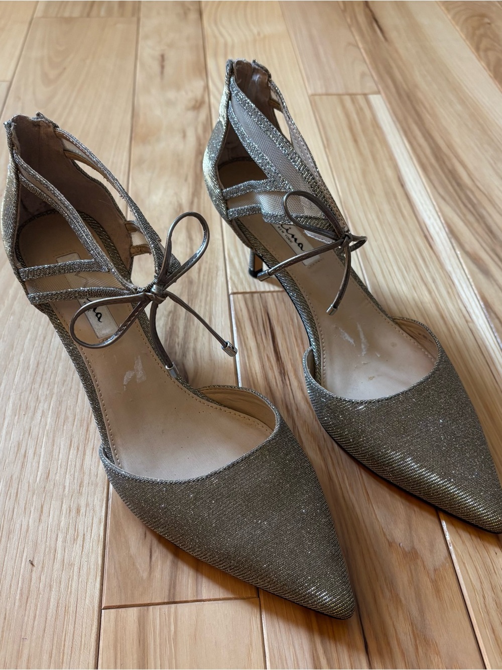 Nina New York Metallic Mesh Pointed Toe D’Orsay Bow Accent Heels